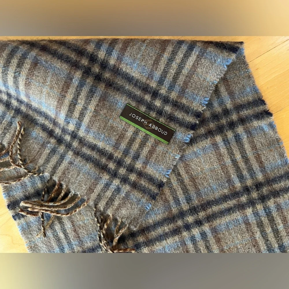 🐑Dark Tan + Black Brown & Blue Plaid Cashmere Scarf by Joseph Abboud